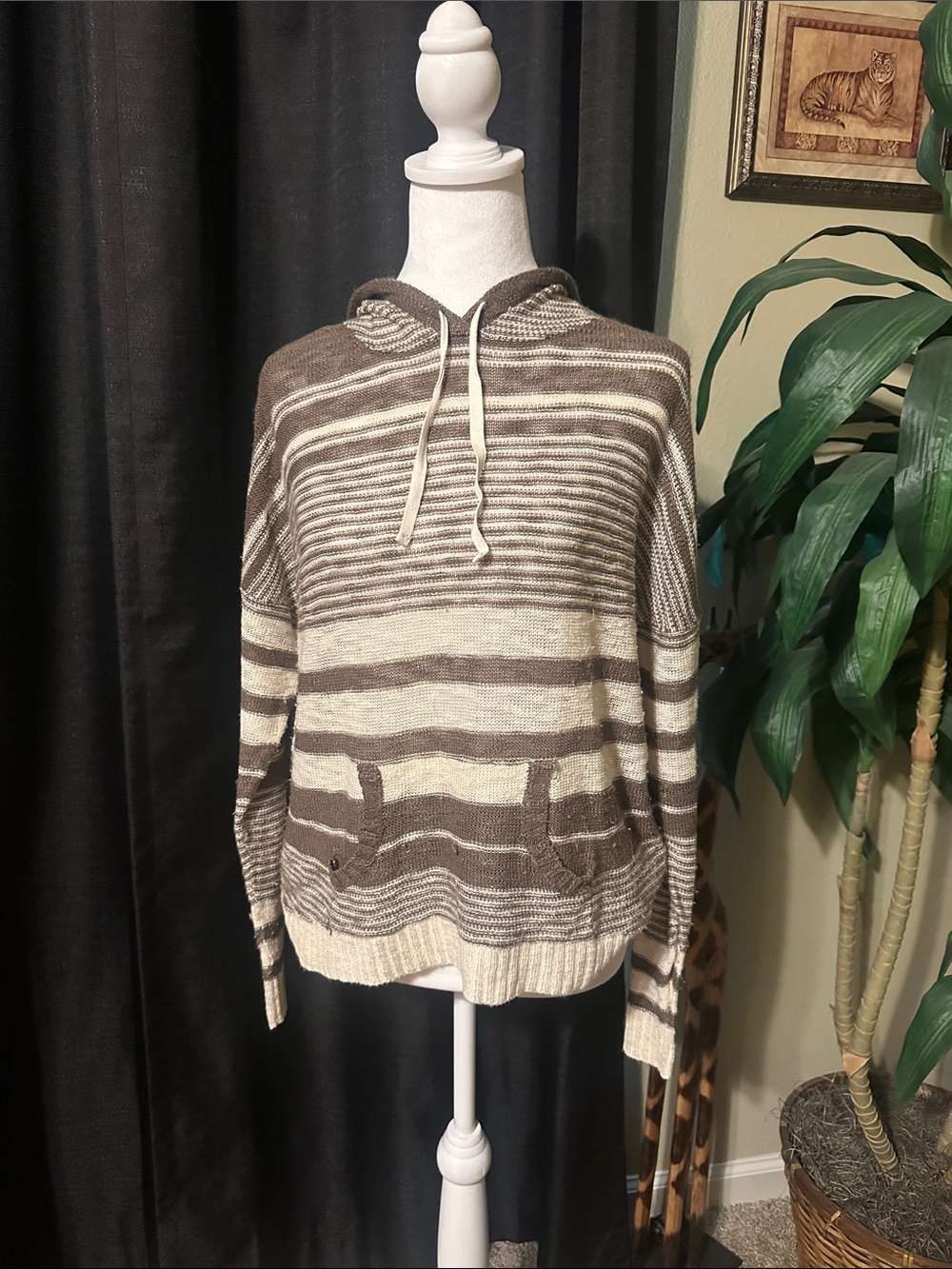 Women’s Striped Hooded Crewneck Sweater - Brown & Cream with front pocket & hood
